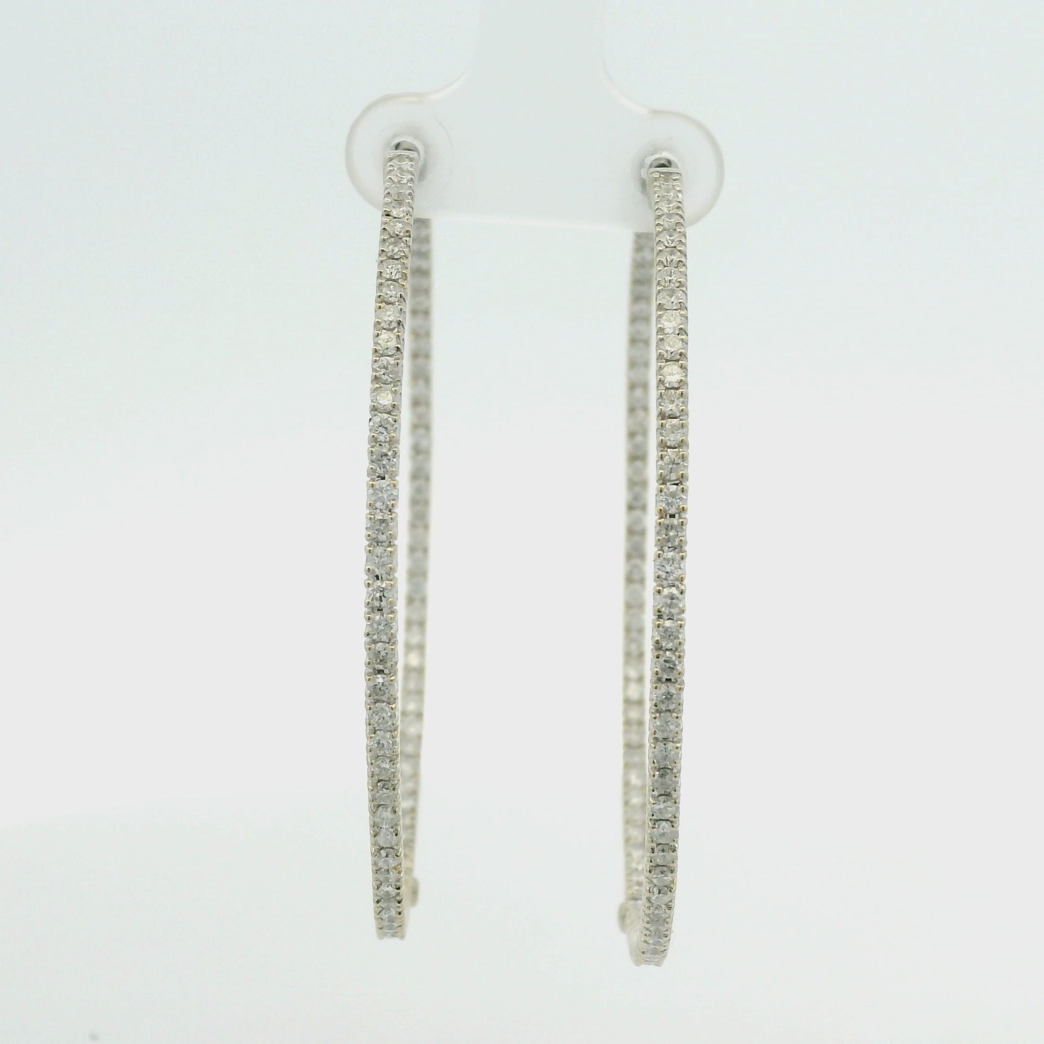14k White Gold Natural Round Brilliant Cut Diamond Large Thin Hoop Earrings