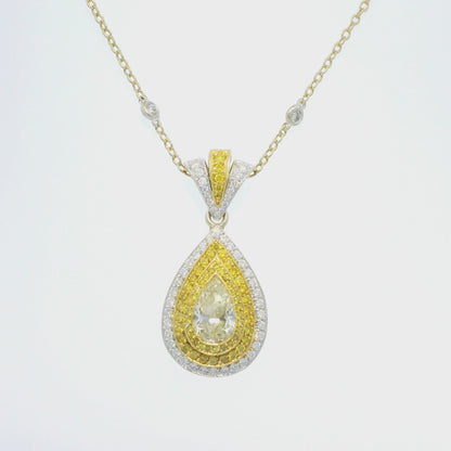 18k Two-Tone Gold Natural Yellow Diamond Halo Pave Pear Necklace