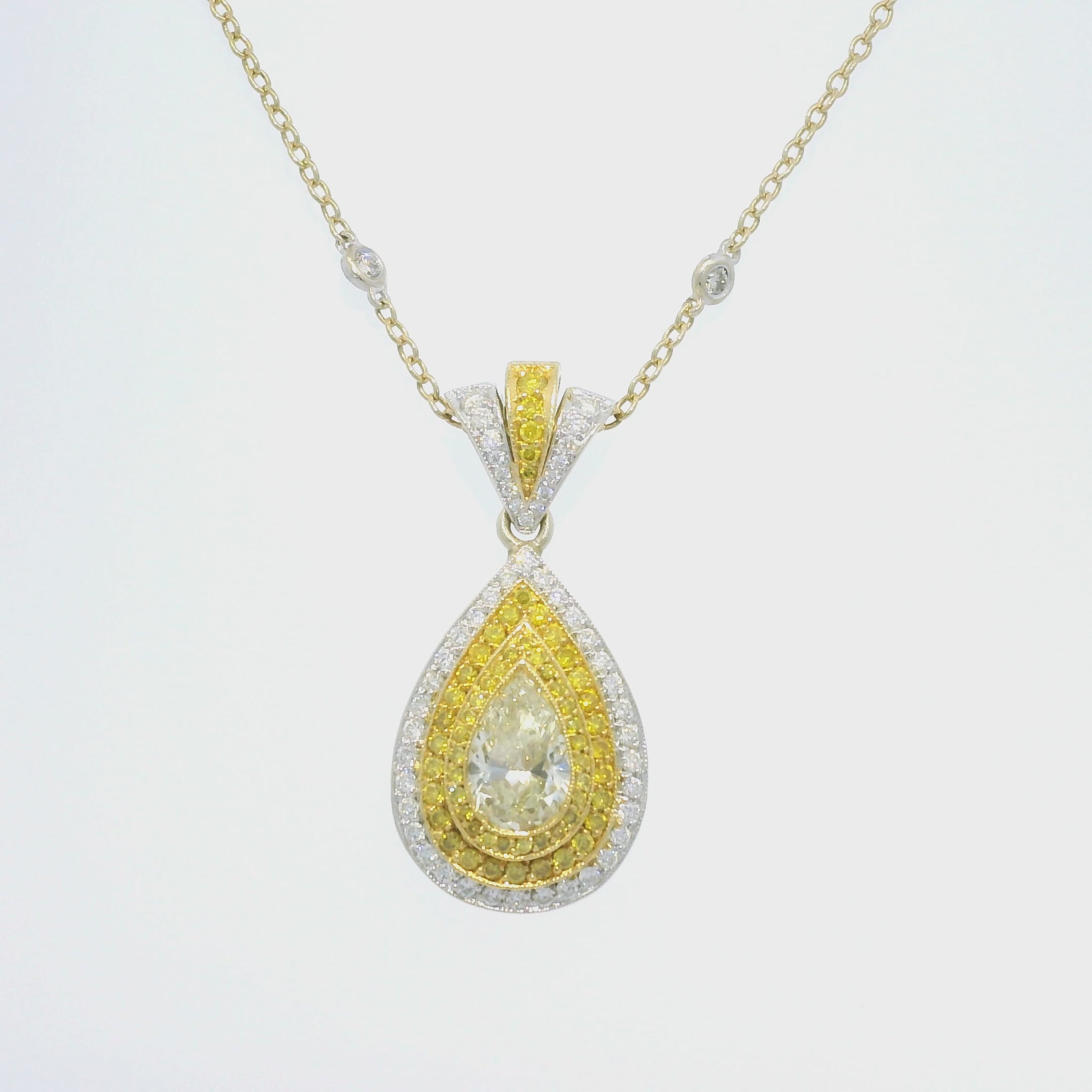 18k Two-Tone Gold Natural Yellow Diamond Halo Pave Pear Necklace