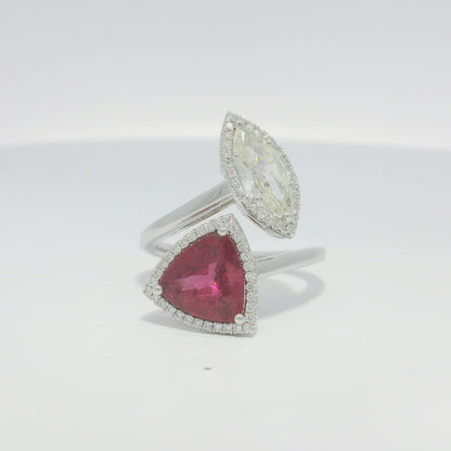 18k White Gold Natural Rubellite & Marquise Cut Diamond Bypass Ring