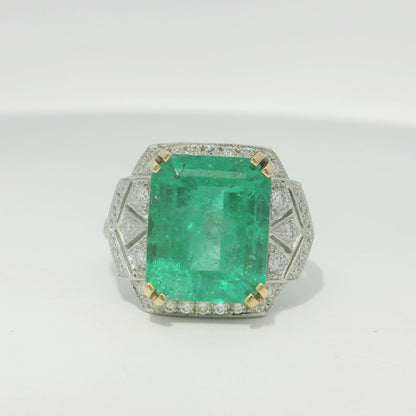 Platinum Natural 7.19 Carat Emerald & Diamond Art Deco Ring