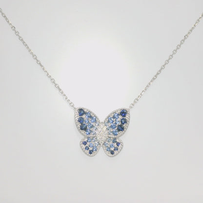 14k White Gold Natural Sapphire & Diamond Butterfly Pendant Necklace