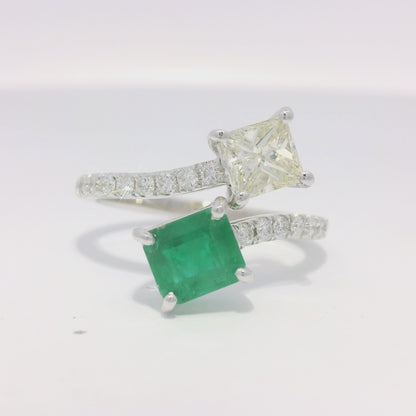 14k White Gold Natural Emerald & Princess Cut Diamond Bypass Ring