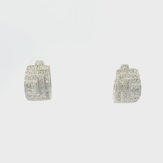 14k White Gold Natural Round Brilliant & Princess Cut Diamond Huggie Earrings