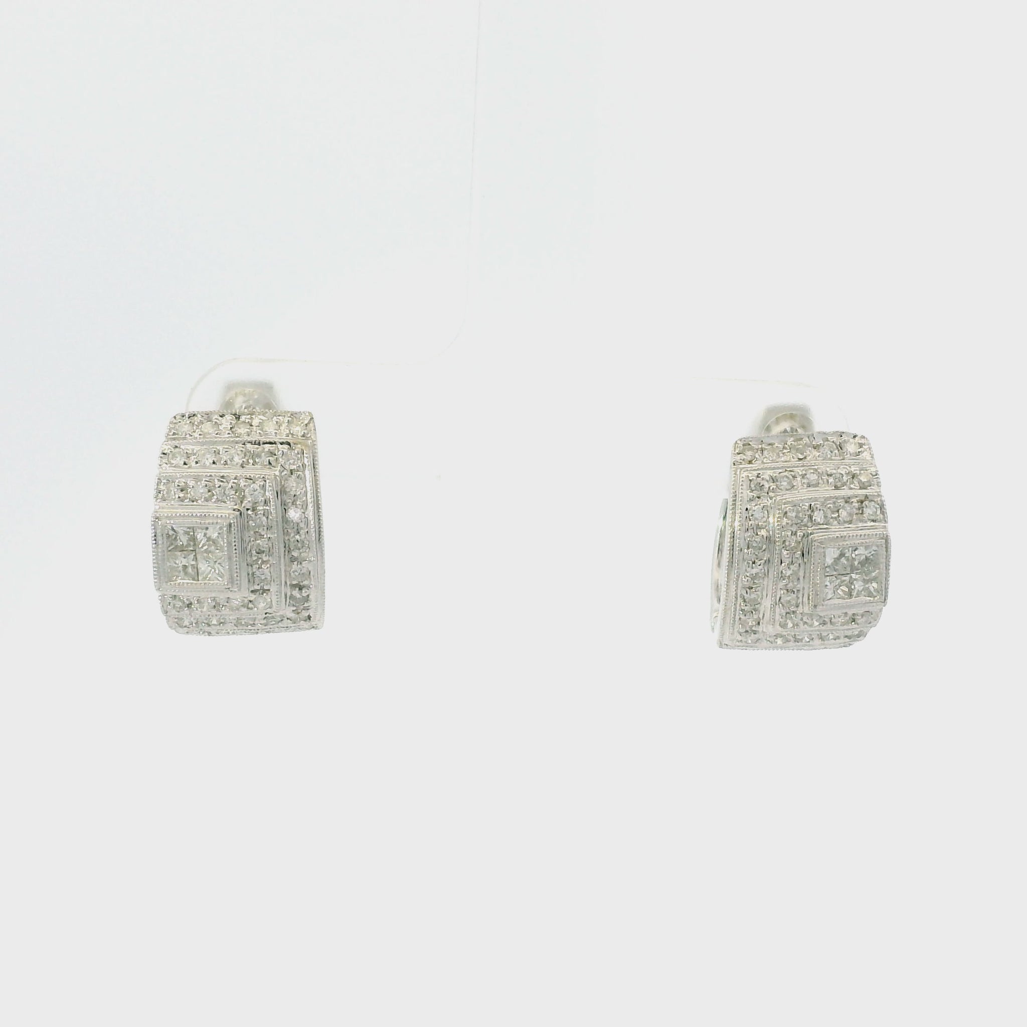 14k White Gold Natural Round Brilliant & Princess Cut Diamond Huggie Earrings