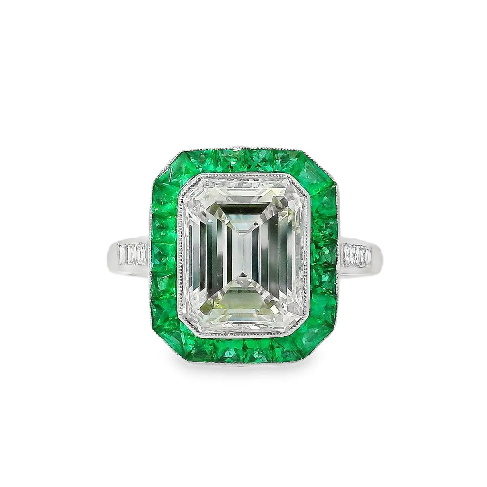 Platinum Natural 3.15 Carat Diamond Emerald Halo Engagement Ring