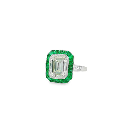 Platinum Natural 3.15 Carat Diamond Emerald Halo Engagement Ring