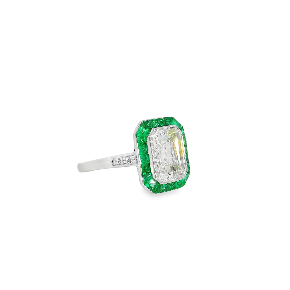Platinum Natural 3.15 Carat Diamond Emerald Halo Engagement Ring