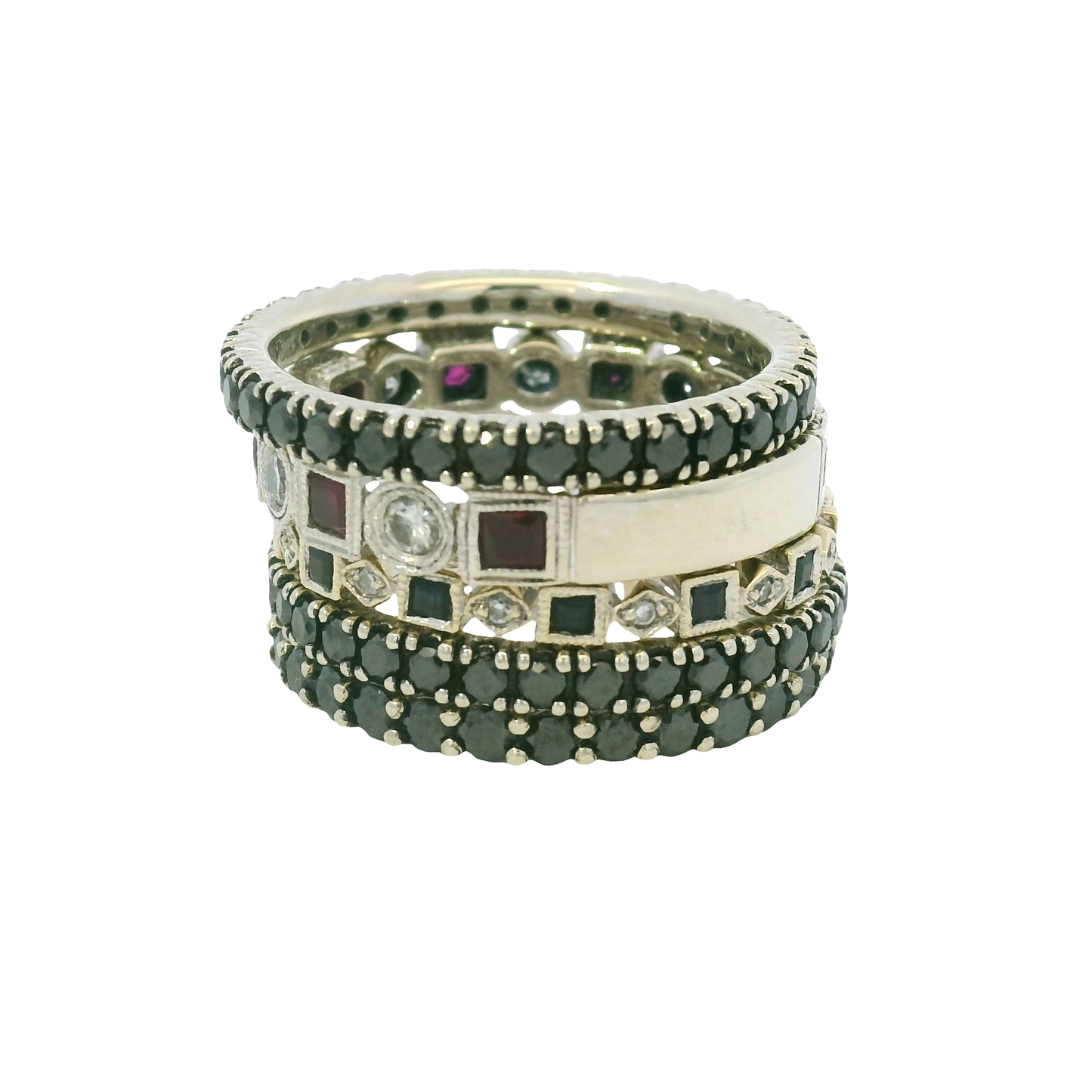 14K White Gold Natural Sapphires Rubies & Diamonds 5 Stackable Set Ring