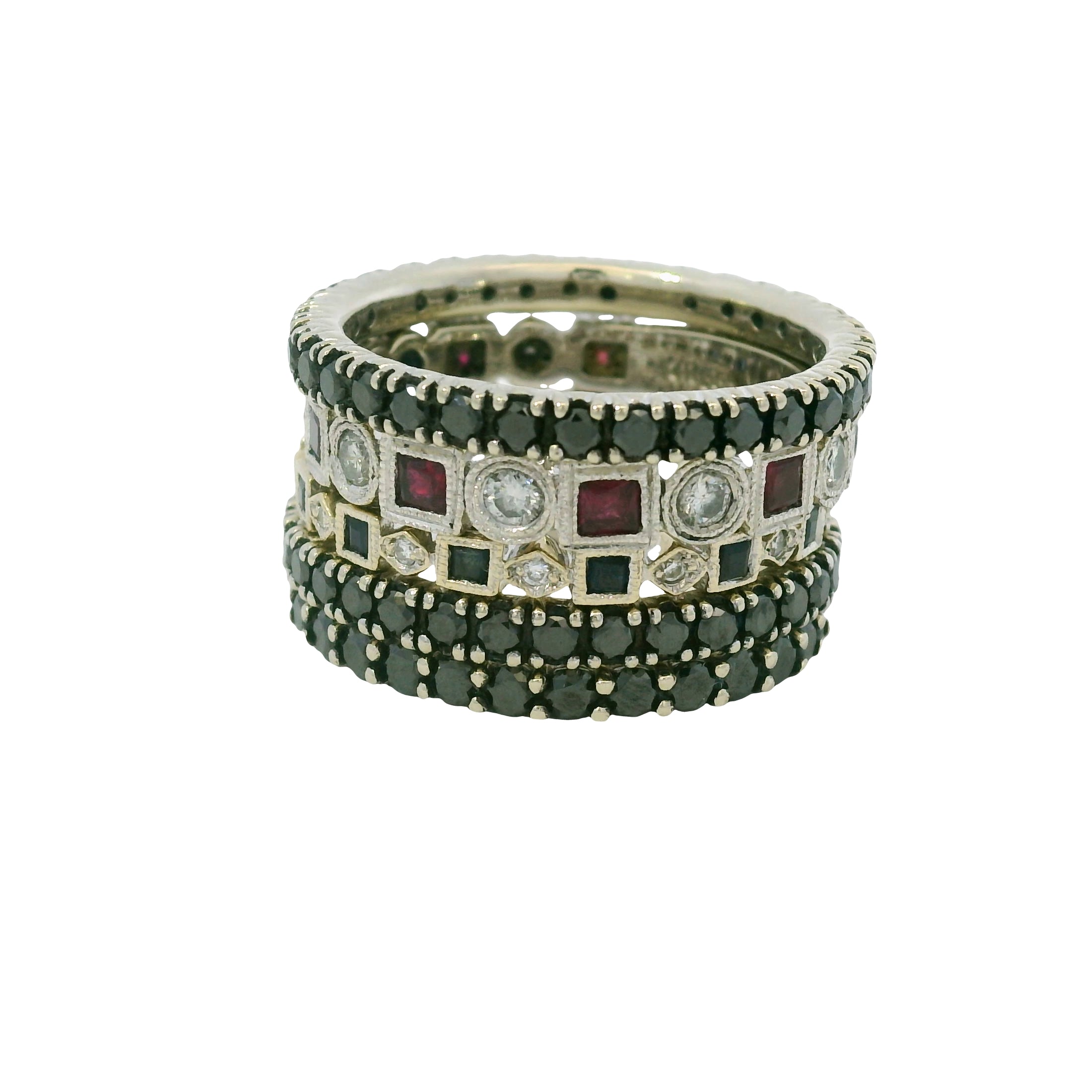 14K White Gold Natural Sapphires Rubies & Diamonds 5 Stackable Set Ring