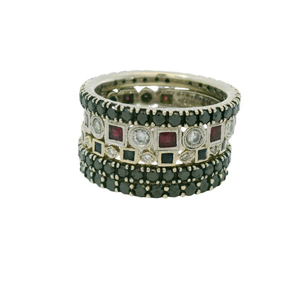14K White Gold Natural Sapphires Rubies & Diamonds 5 Stackable Set Ring