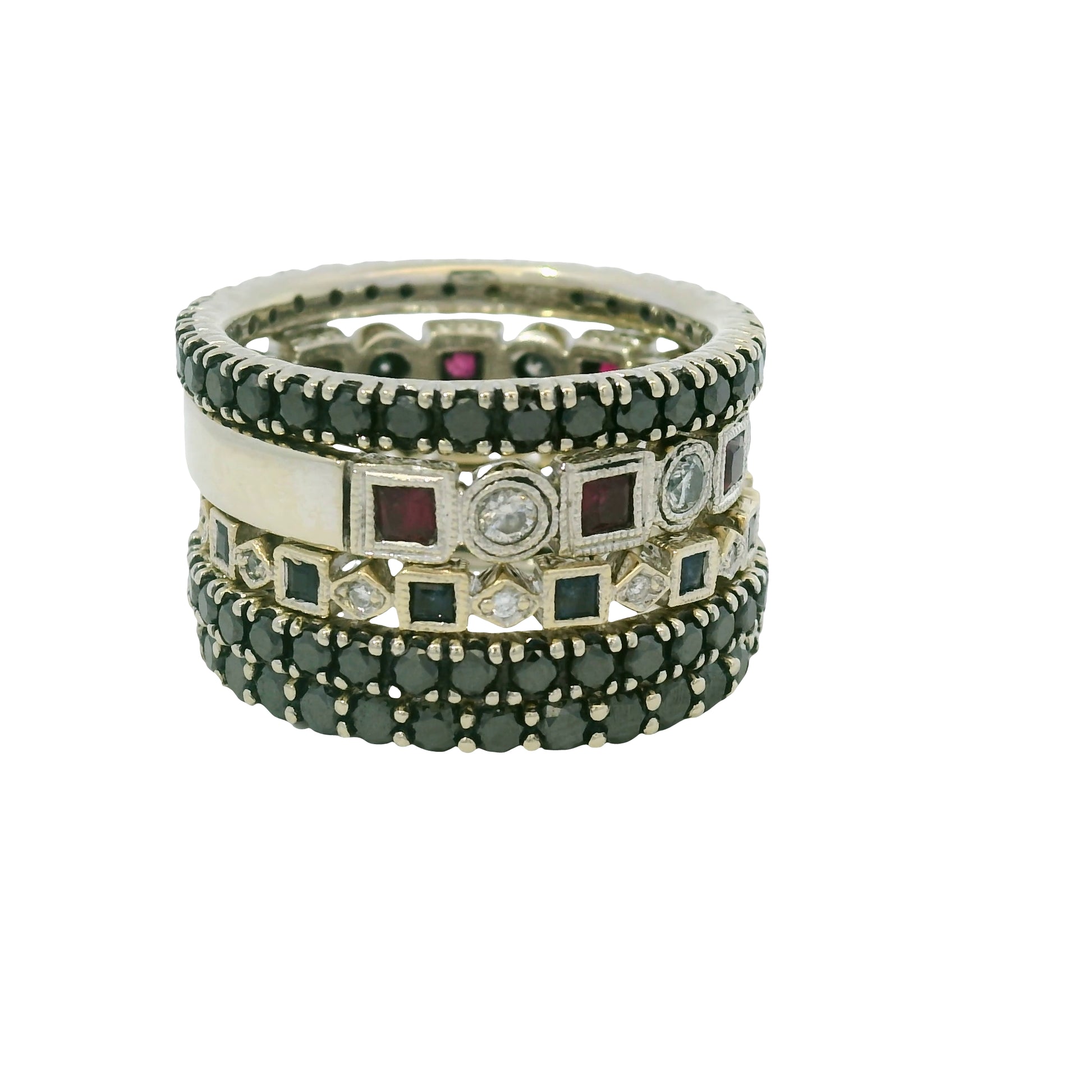 14K White Gold Natural Sapphires Rubies & Diamonds 5 Stackable Set Ring
