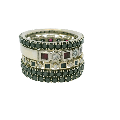 14K White Gold Natural Sapphires Rubies & Diamonds 5 Stackable Set Ring