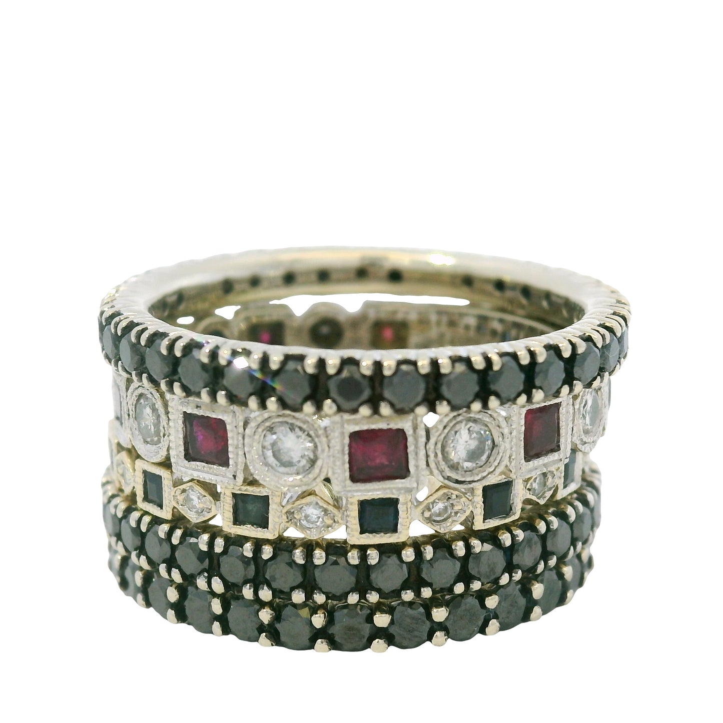 14K White Gold Natural Sapphires Rubies & Diamonds 5 Stackable Set Ring