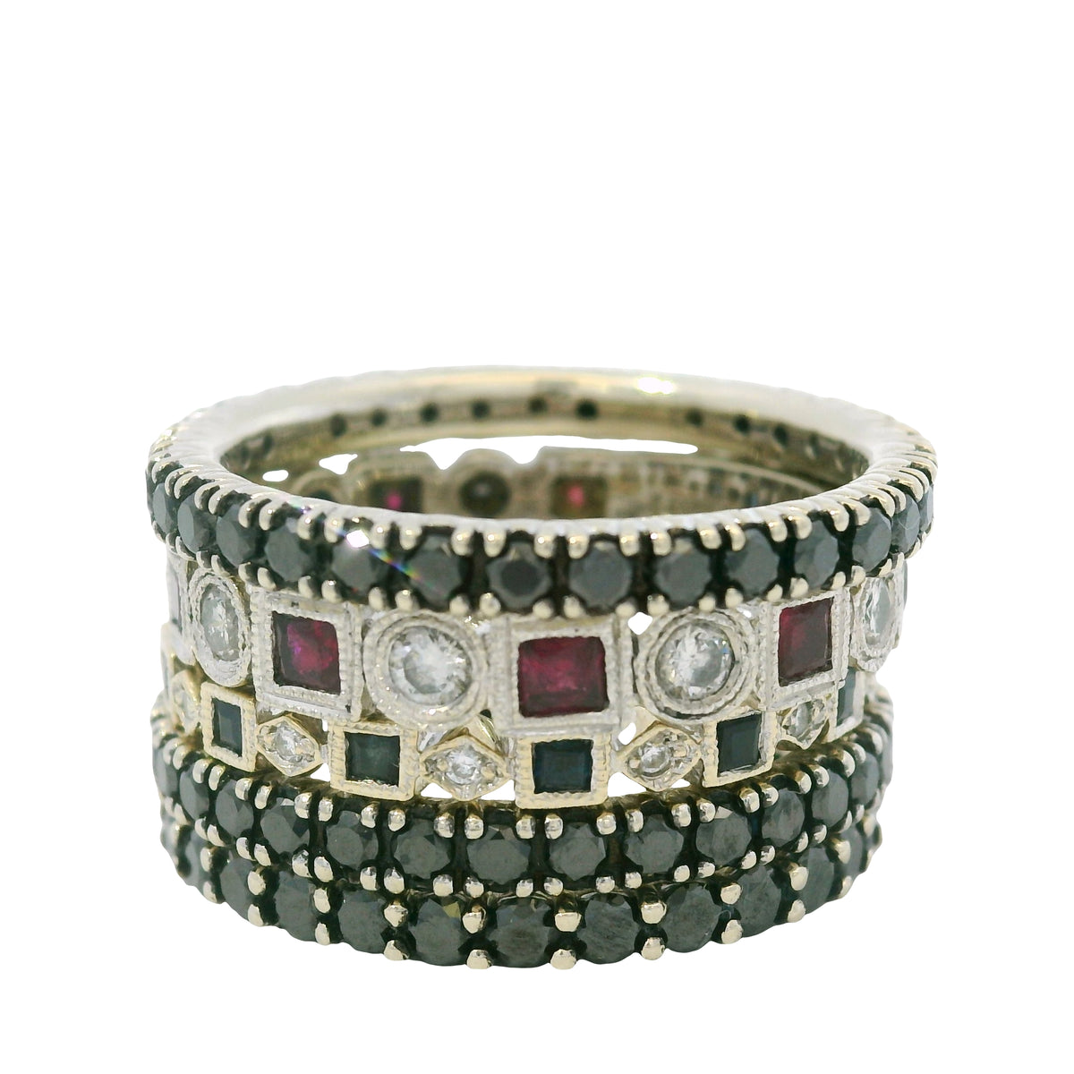 14K White Gold Natural Sapphires Rubies & Diamonds 5 Stackable Set Ring