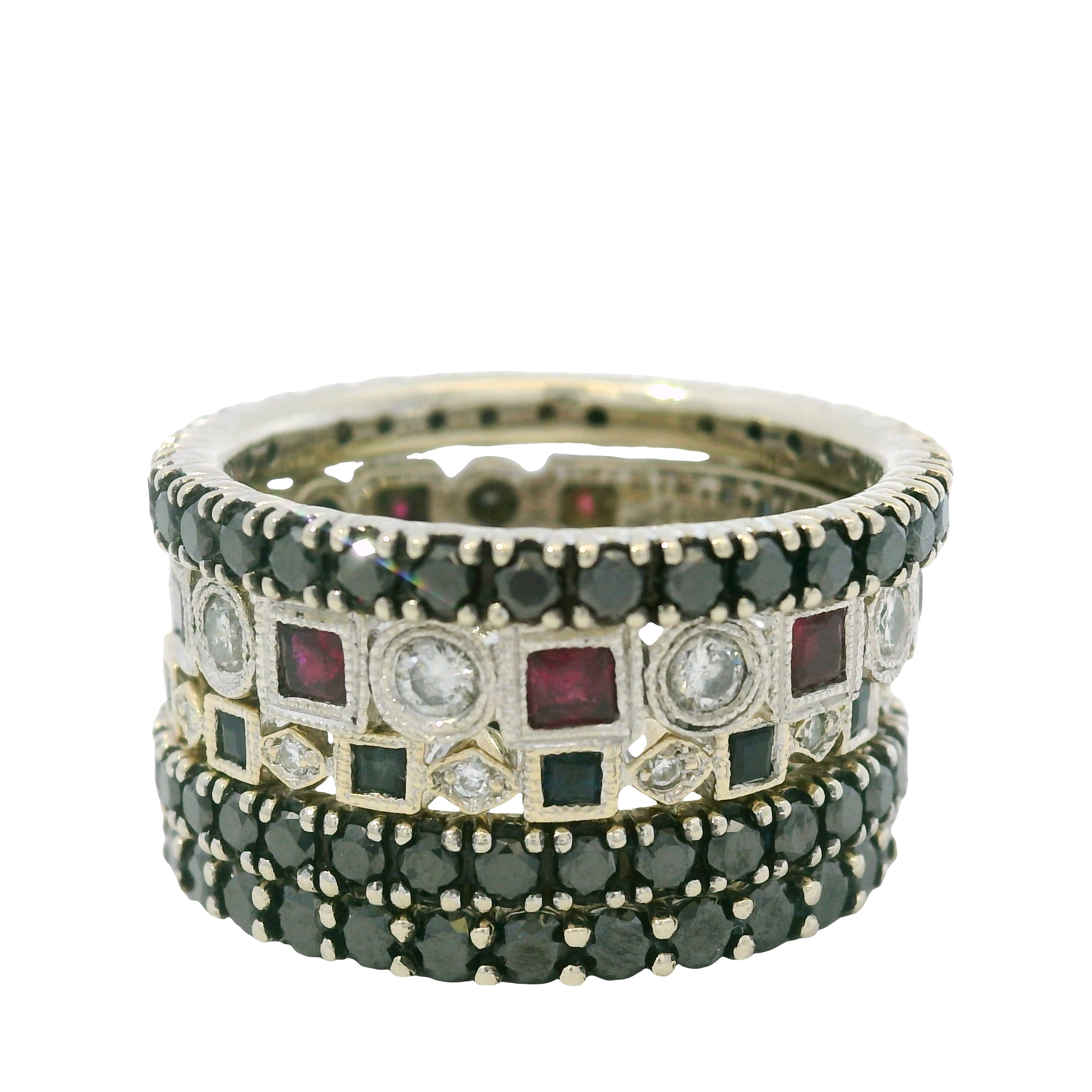 14K White Gold Natural Sapphires Rubies & Diamonds 5 Stackable Set Ring