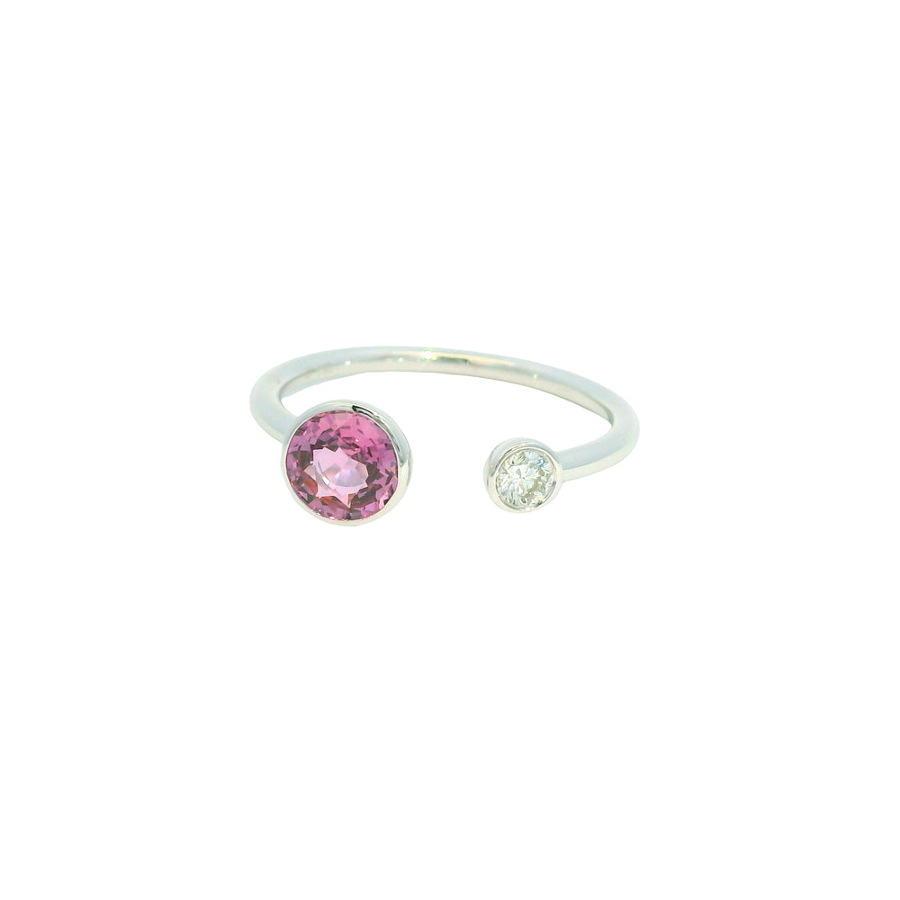 14K White Gold Natural Pink Sapphire & Diamonds Narrow Bezel Set Ring