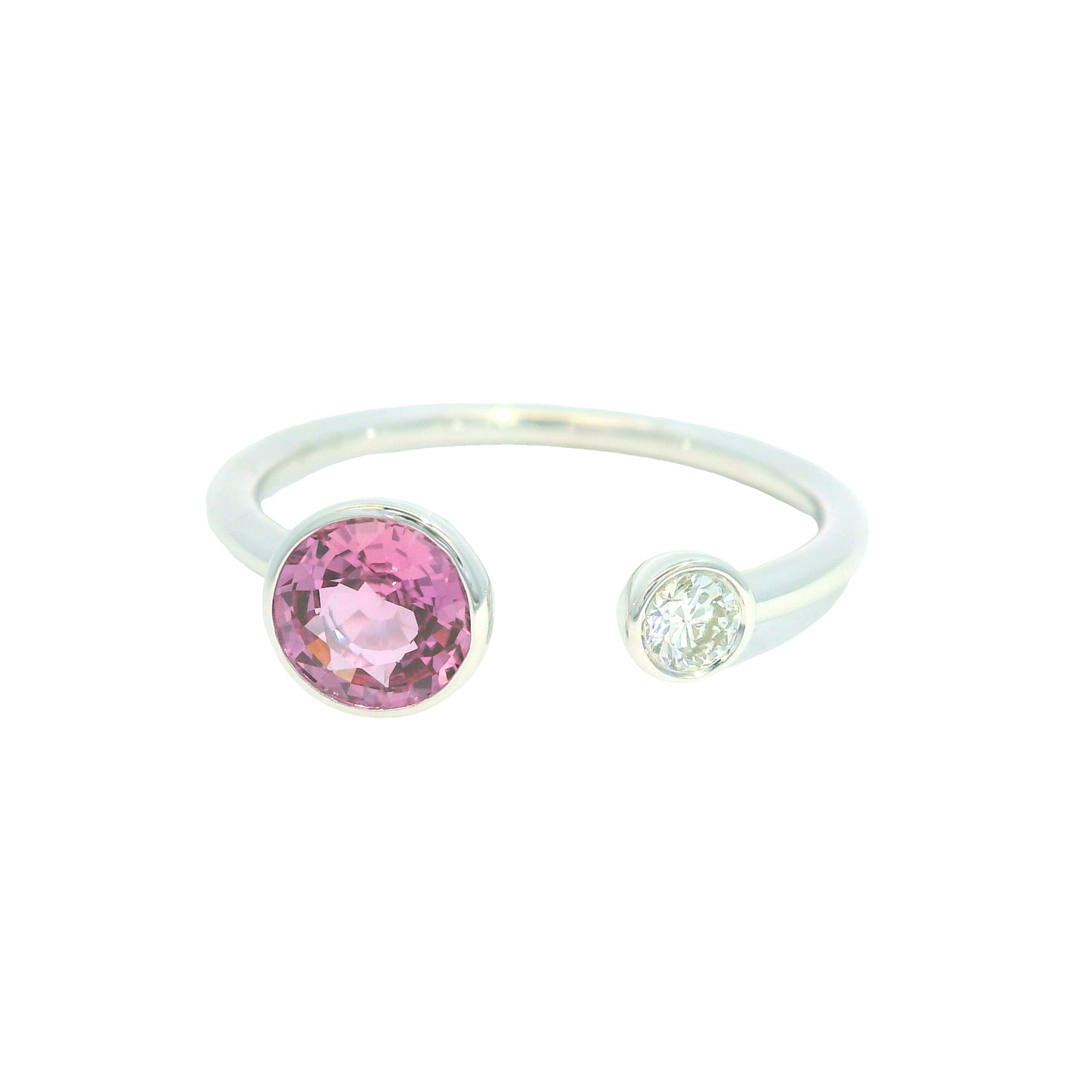 14K White Gold Natural Pink Sapphire & Diamonds Narrow Bezel Set Ring