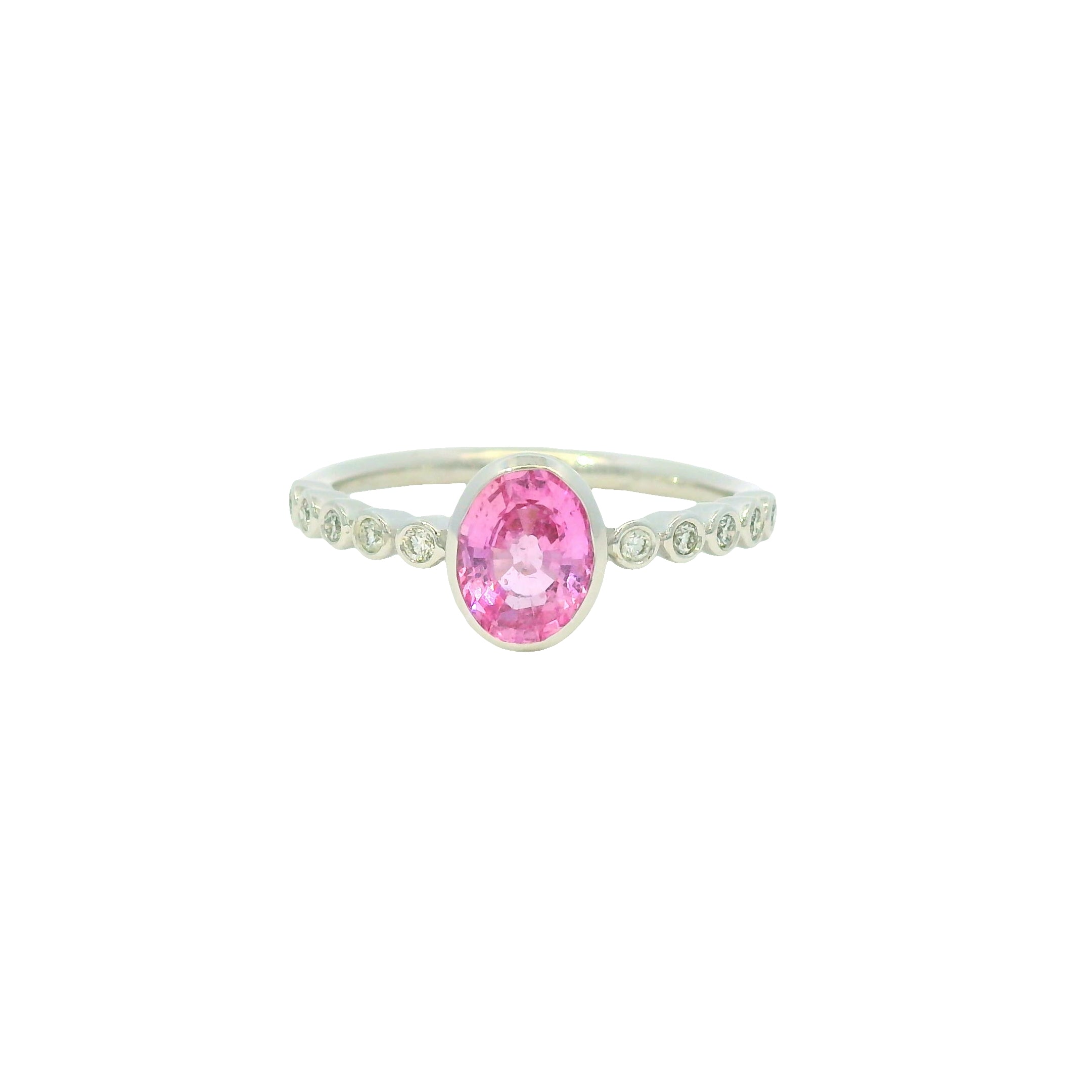 14K White Gold Natural Pink Sapphire & Natural Diamonds Bezel Set Ring