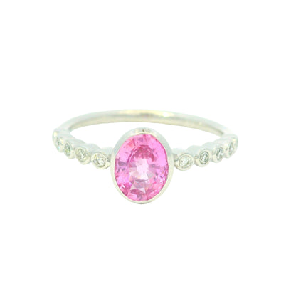 14K White Gold Natural Pink Sapphire & Natural Diamonds Bezel Set Ring