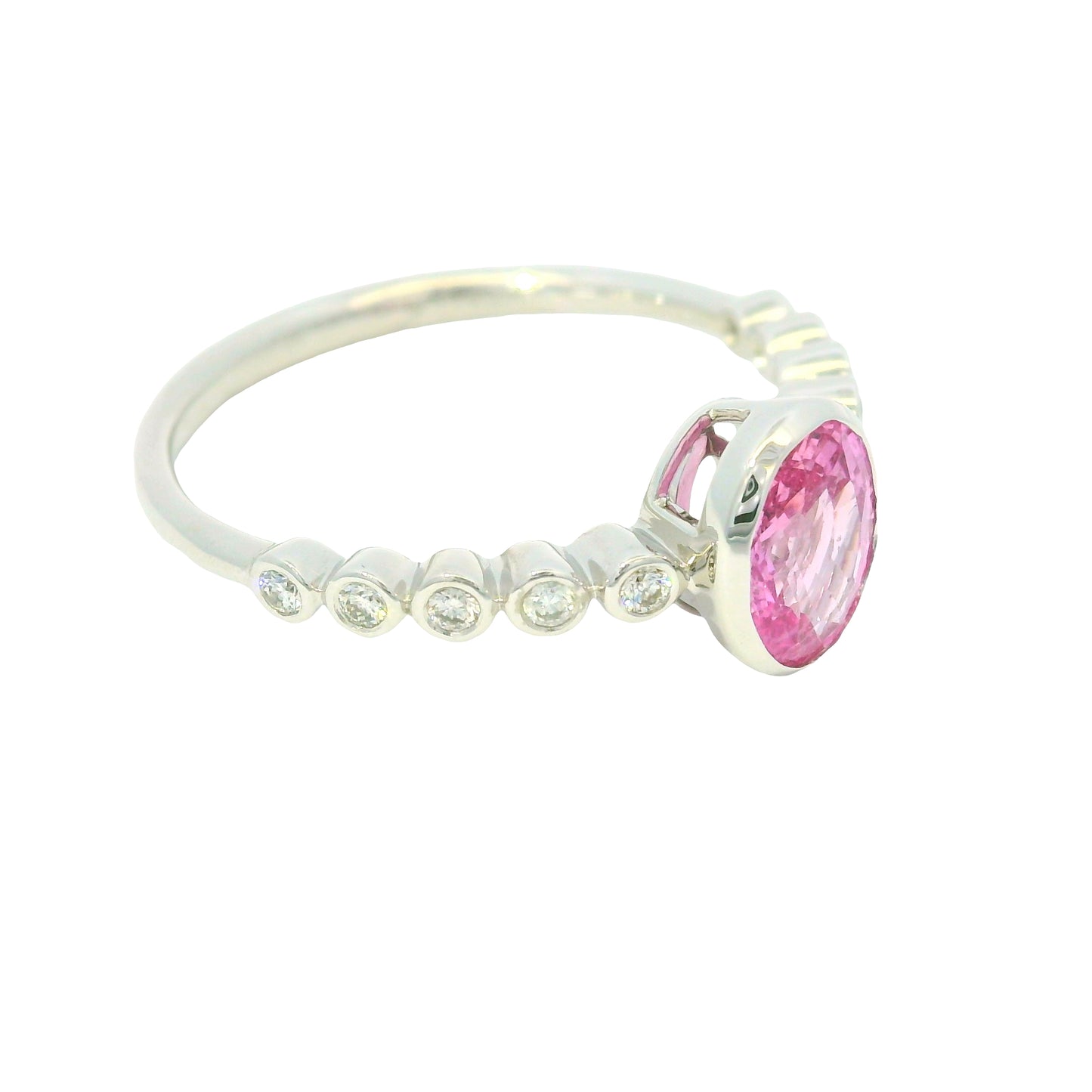14K White Gold Natural Pink Sapphire & Natural Diamonds Bezel Set Ring