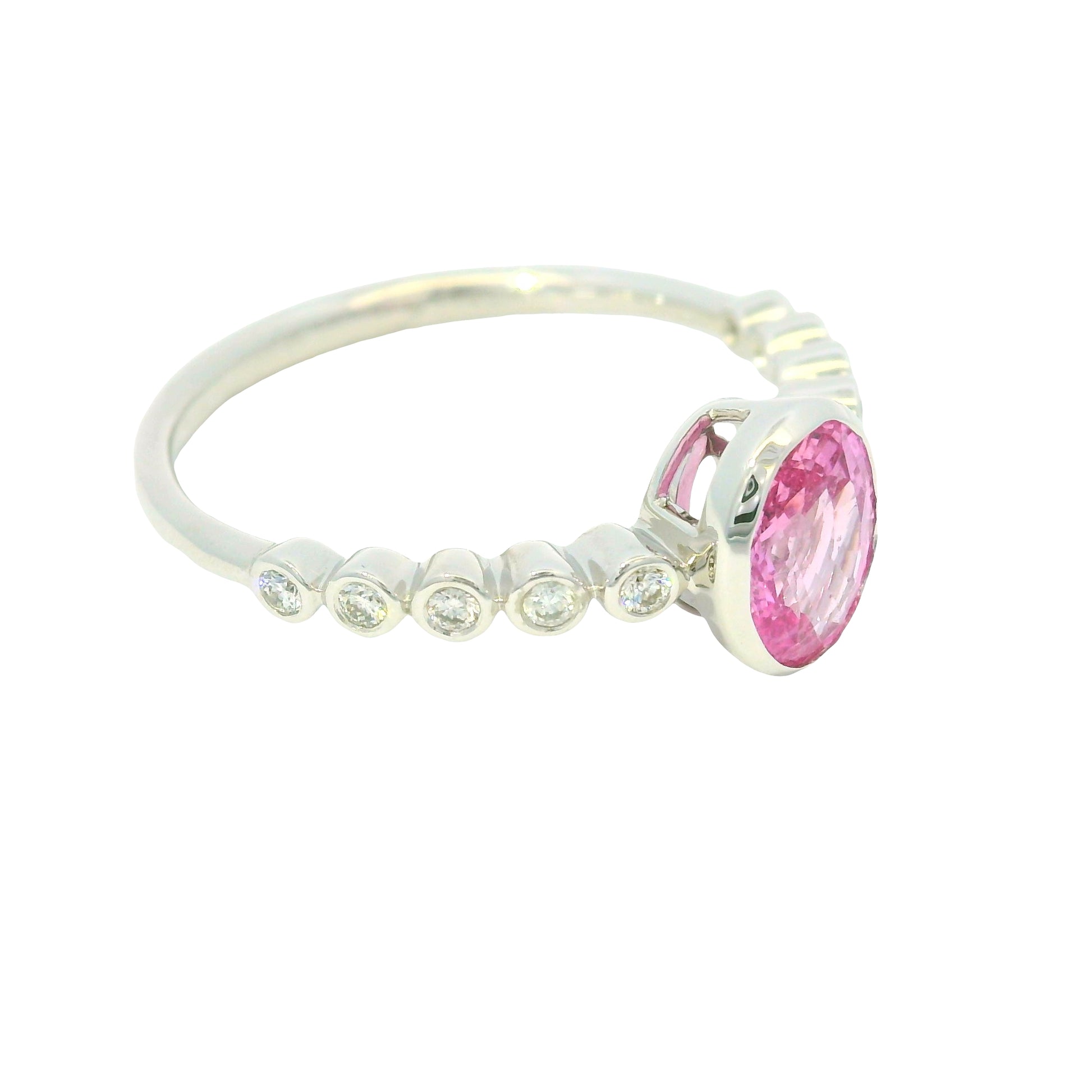14K White Gold Natural Pink Sapphire & Natural Diamonds Bezel Set Ring