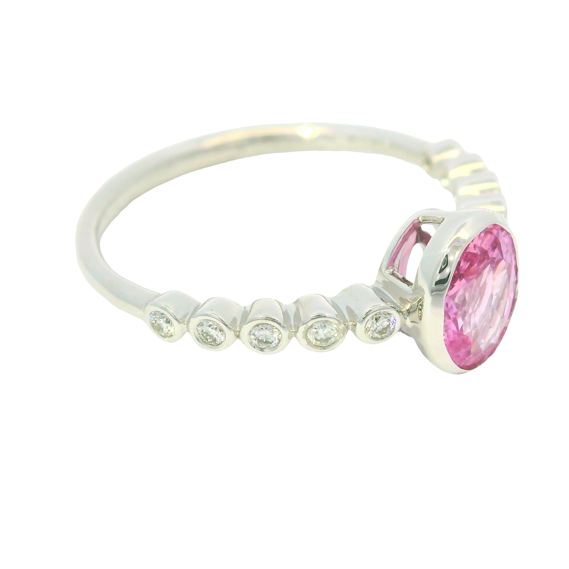 14K White Gold Natural Pink Sapphire & Natural Diamonds Bezel Set Ring
