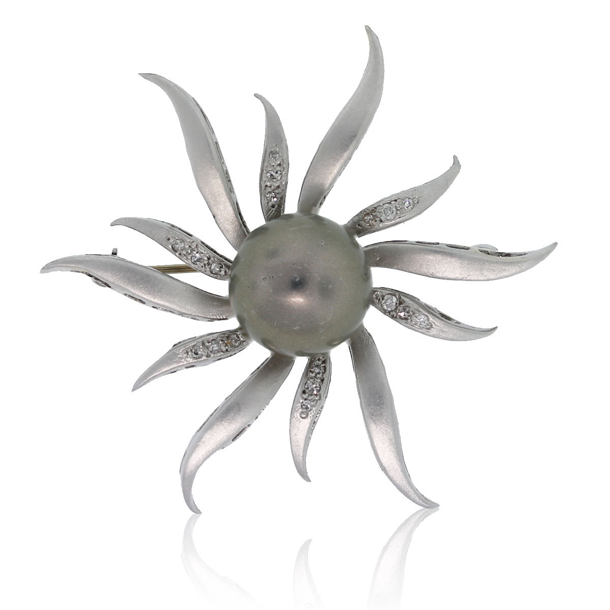 14k Satin Finish White Gold Diamond & Tahitian Pearl Pin