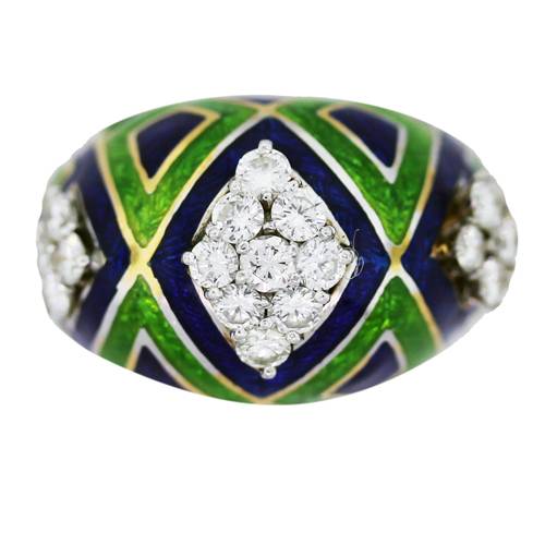 18K Gold Diamond Royal Blue and Parrot Green Enamel Ring