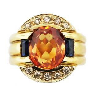 18K Yellow Gold Citrine and Sapphire Ring with Diamonds, art deco ring, citrine ring