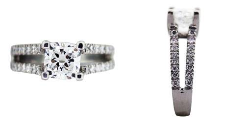 cushion cut engagement ring, split shank engagement ring, 1.5ct cushion cut diamond