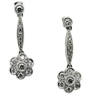 vintage style diamond flower design drop earrings, vintage earrings, vintage diamond earrings