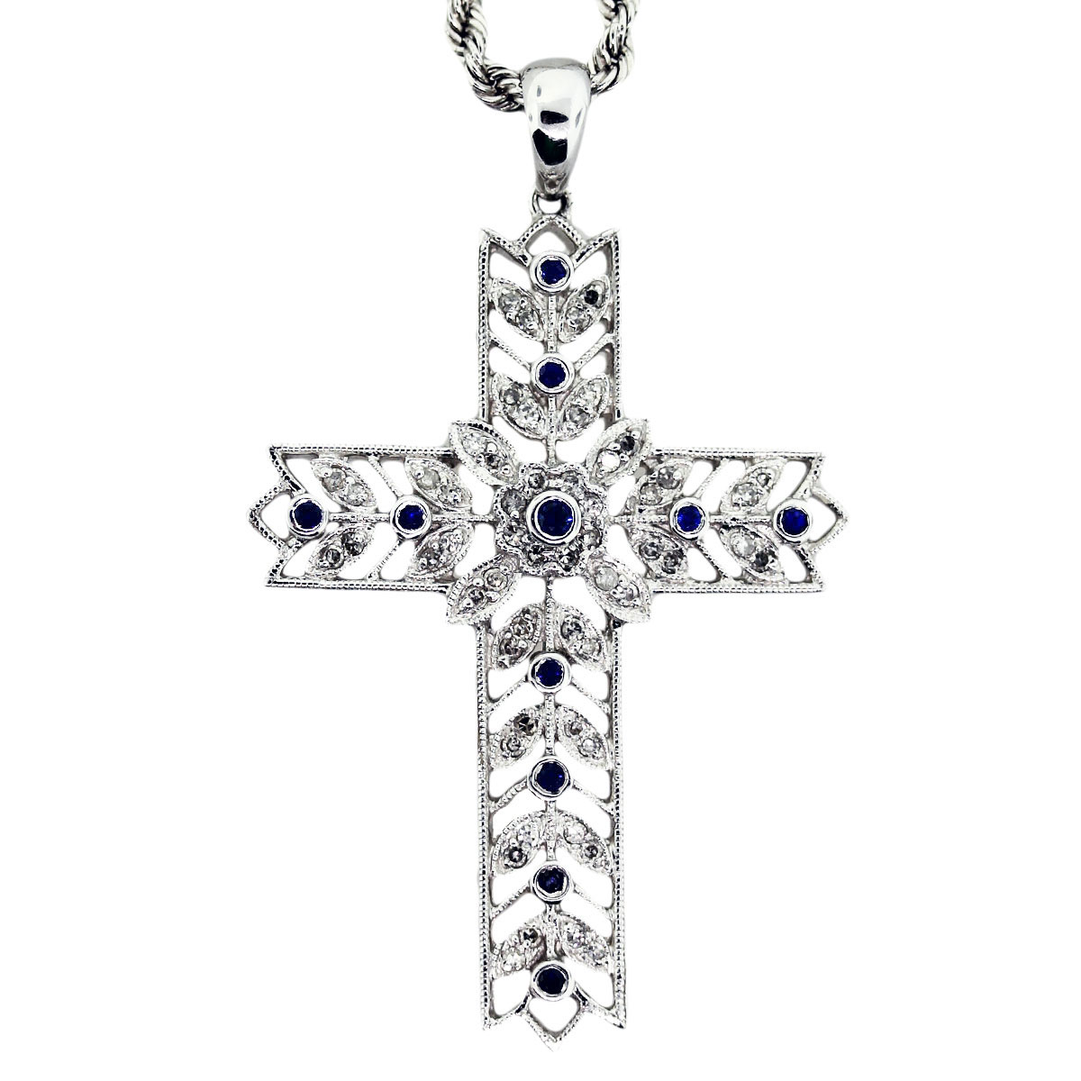 14K White Gold, Diamond and Sapphire Filigree Cross Pendant - Raymond ...