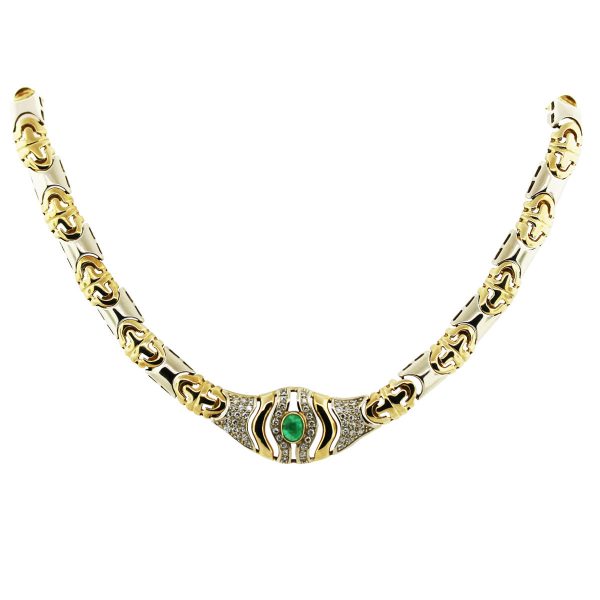 14k Two Toned Gold, Diamond Emerald Stampato Link Necklace