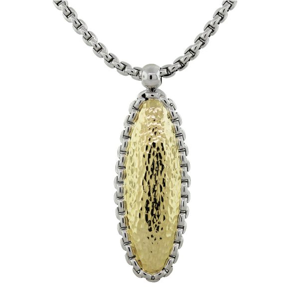 14k Two Tone Gold Hammered Oval Pendant Chain Necklace