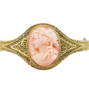 Coral Cameo 14k Yellow Gold Filigree Bangle Bracelet,vintage cameo, coral cameo bracelet