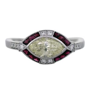 Light Yellow Marquise Cut Diamond Platinum Ruby Engagement Ring