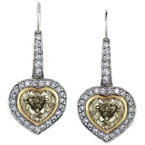 fancy yellow diamond earrings, yellow diamond wedding earrings, heart shaped diamonds