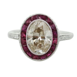 2.01 Carat Oval Cut Diamond Platinum Ruby Engagement Ring, champagne diamonds