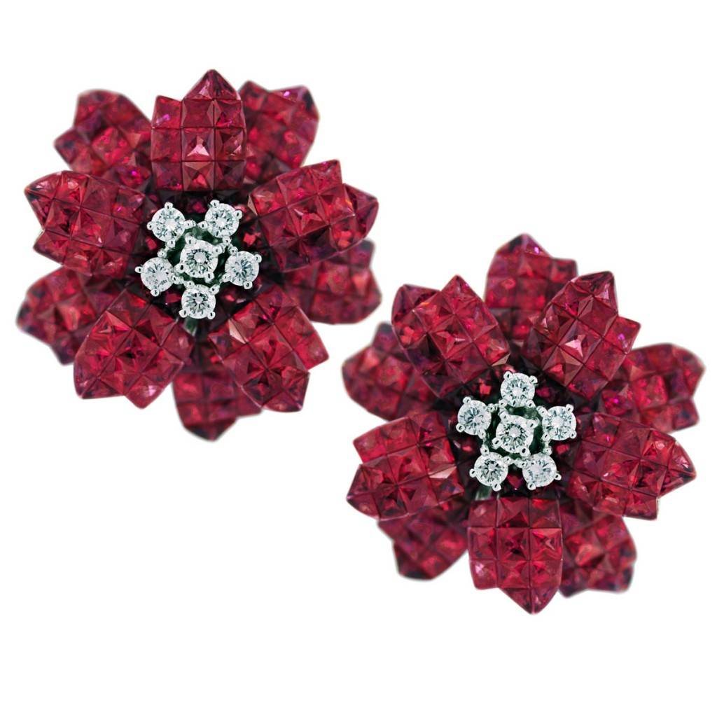 10 Carat Invisible Set Ruby Diamond Flower Earrings 18K White Gold