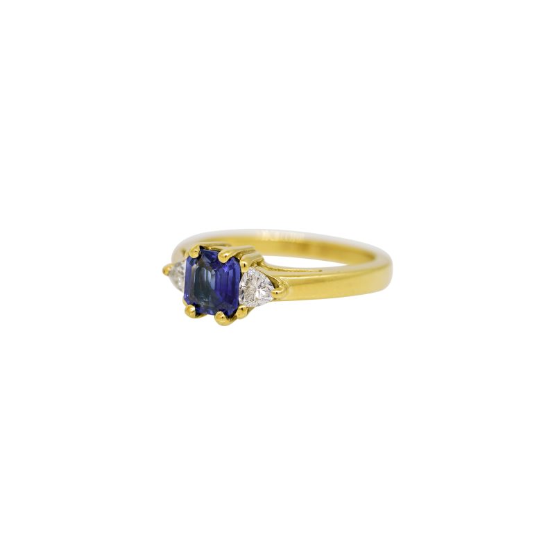 18k Yellow Gold Emerald Cut Sapphire & Diamond Side Stone Ring