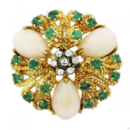Vintage Coral Emerald Diamond Ring