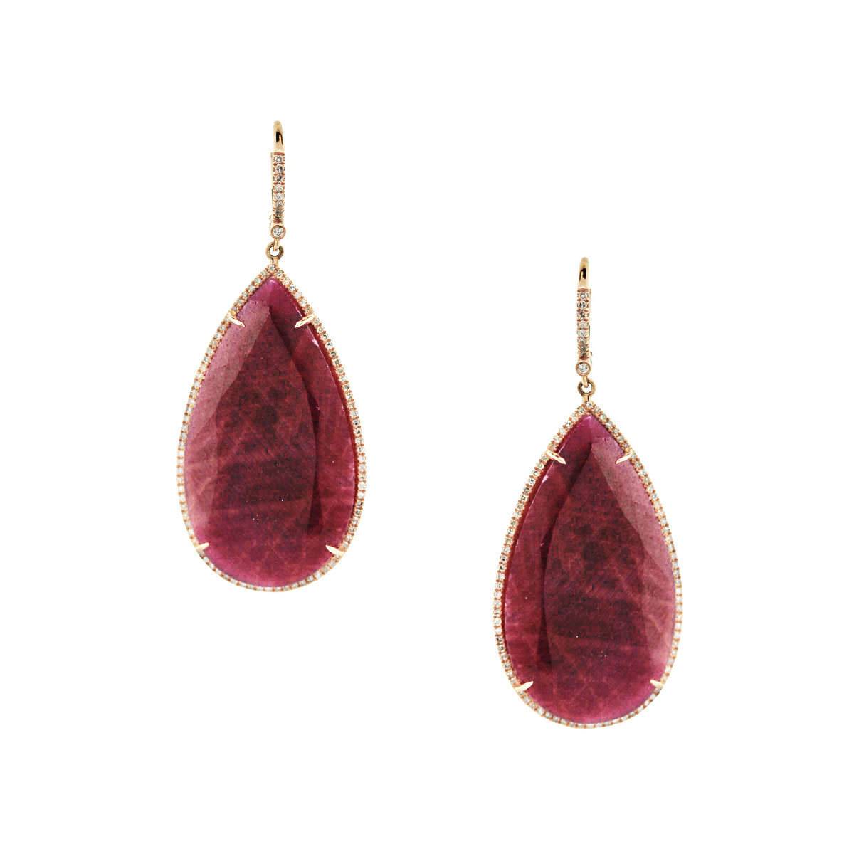 14k Rose Gold Diamond and Ruby Drop Earrings, ruby earrings, slice earrings