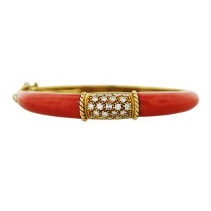 Gold Vintage 1.50ct Coral and Diamond Bangle Bracelet, vintage coral jewelry
