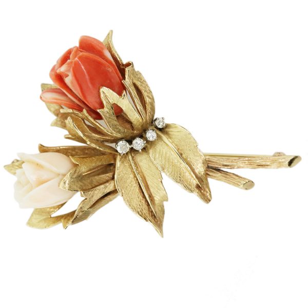 Coral Flower Pin with Diamonds