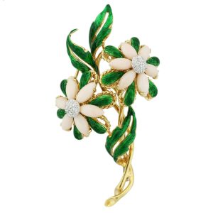 18k Yellow Gold Pink Coral Green Enamel Diamond Flower Pin