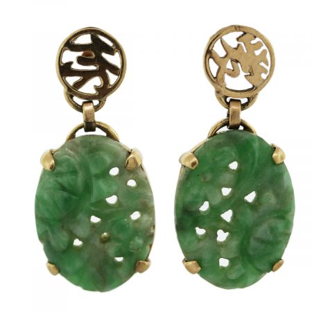 Vintage Carved Jade Earrings 14k Yellow Gold