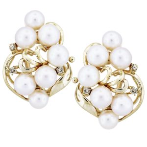 Pearl and diamond wedding earrings, pearl and diamond earrings, pearl and diamond yellow gold earrings