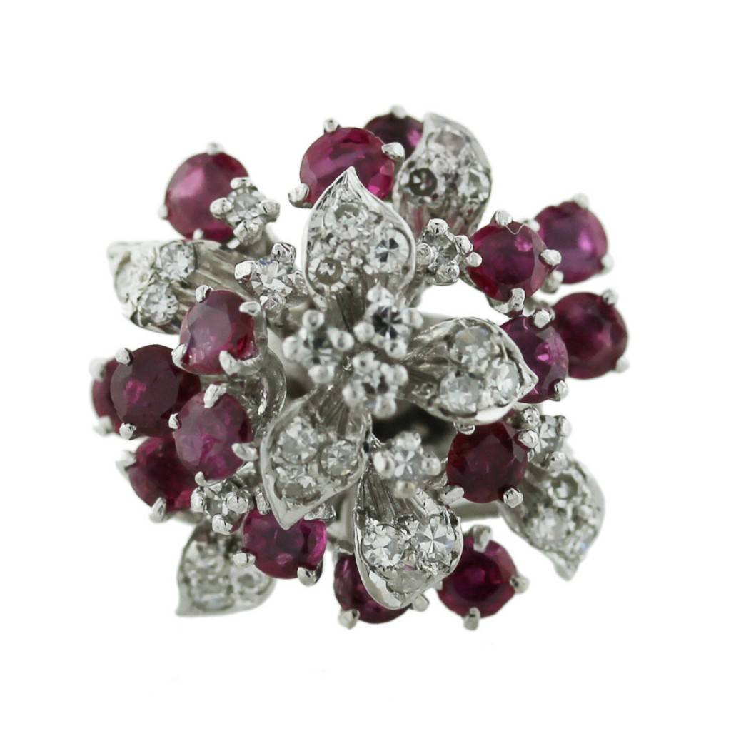 14k White Gold Ruby Diamond Cluster Ring-Boca Raton