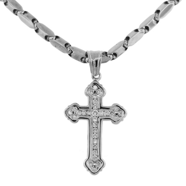 14k White Gold Diamond Cross Pendant Chain Necklace